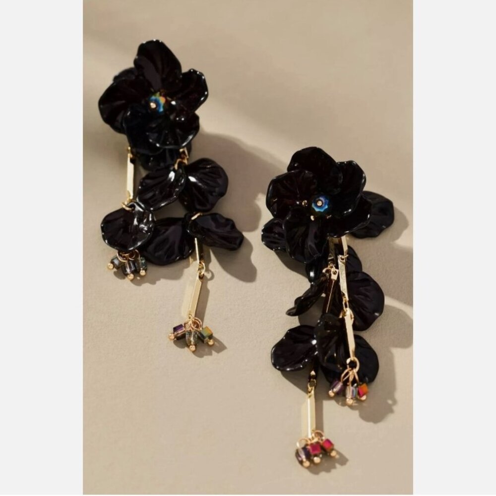 NWT Anthropologie Floral Drop Earrings Black